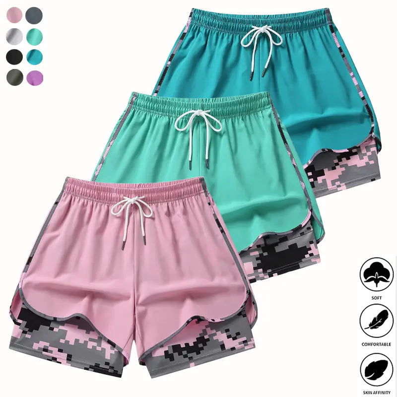 3-Pack Women’S Camo 2-In-1 5-Inch Running Shorts, Anti-Exposure Workout Shorts with Inner Pocket, Quick Dry Breathable Lightweight Fabric & Adjustable Drawstring Waist for Fitness