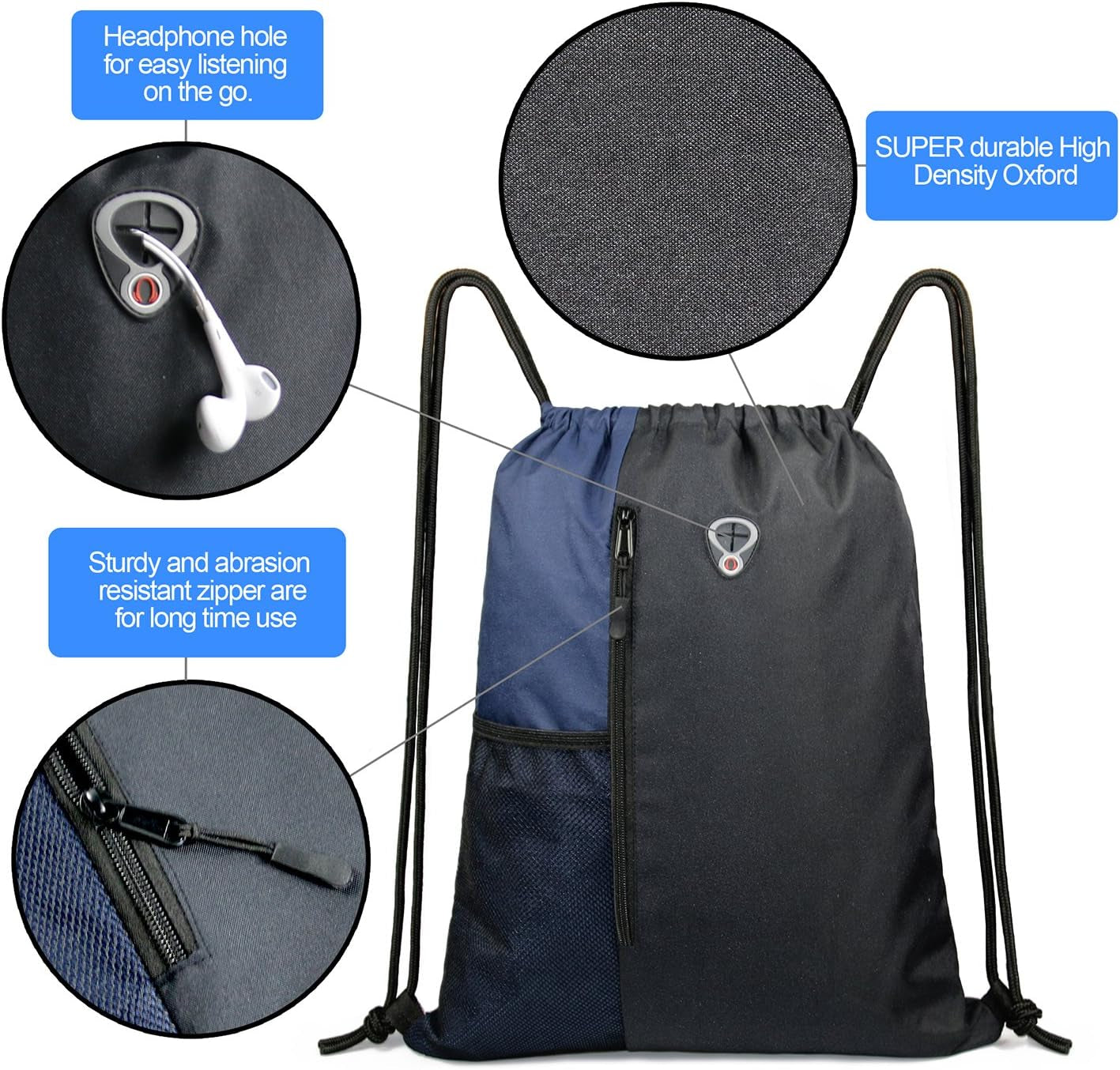 Drawstring Backpack Sports Gym Bag for Women Men Large Cinch Sackpack with 2 Zipper Pockets and Water Bottle Mesh Pockets Black Navy