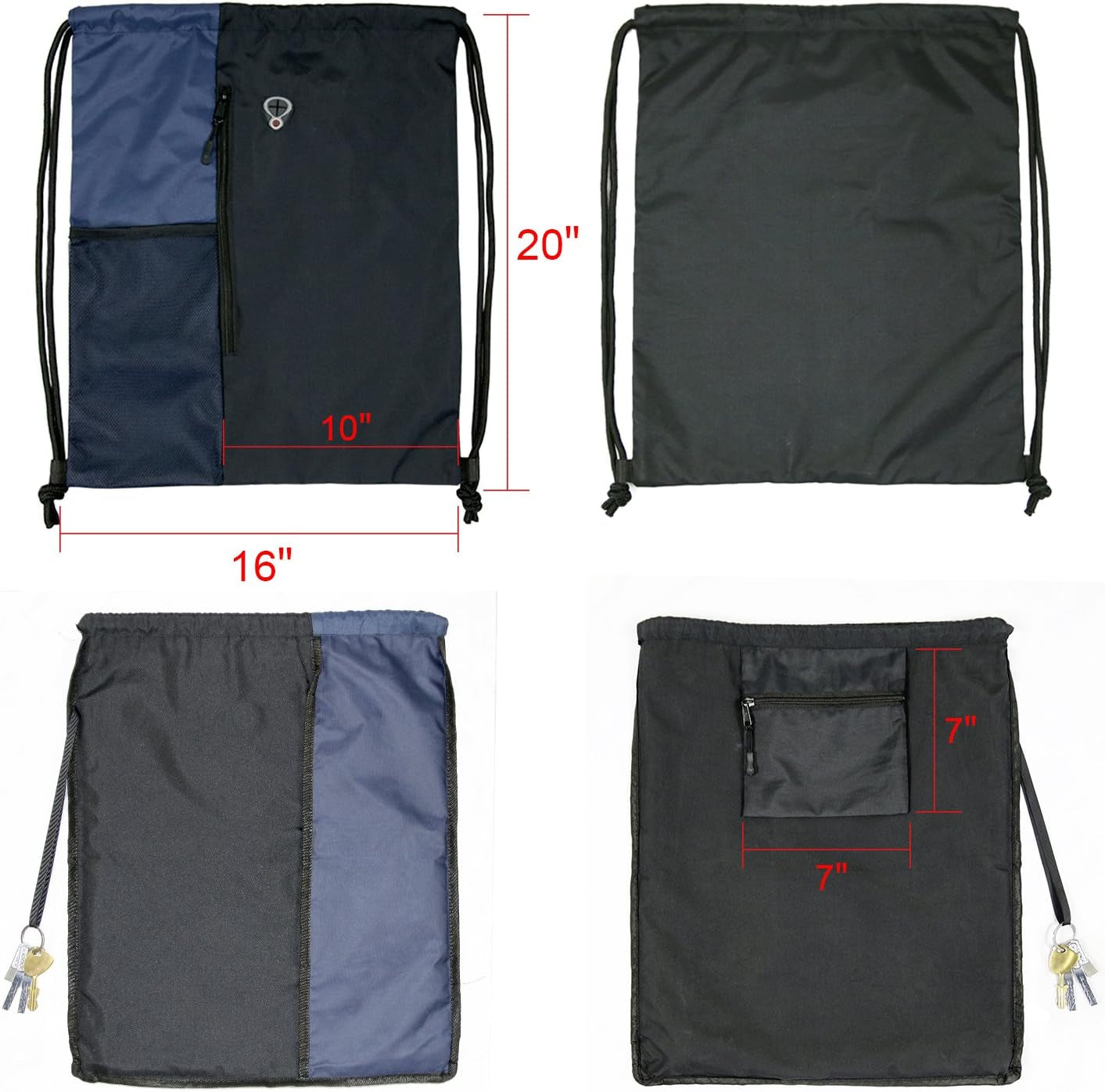 Drawstring Backpack Sports Gym Bag for Women Men Large Cinch Sackpack with 2 Zipper Pockets and Water Bottle Mesh Pockets Black Navy