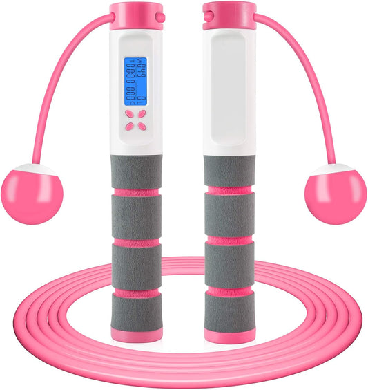 Jump Rope, Digital Weighted Handle Workout Jumping Rope with Calorie Counter for Fitness Exercise Boxing, Cordless Skipping Rope for Adults, Men, Women, Kids, Girls (Pink)