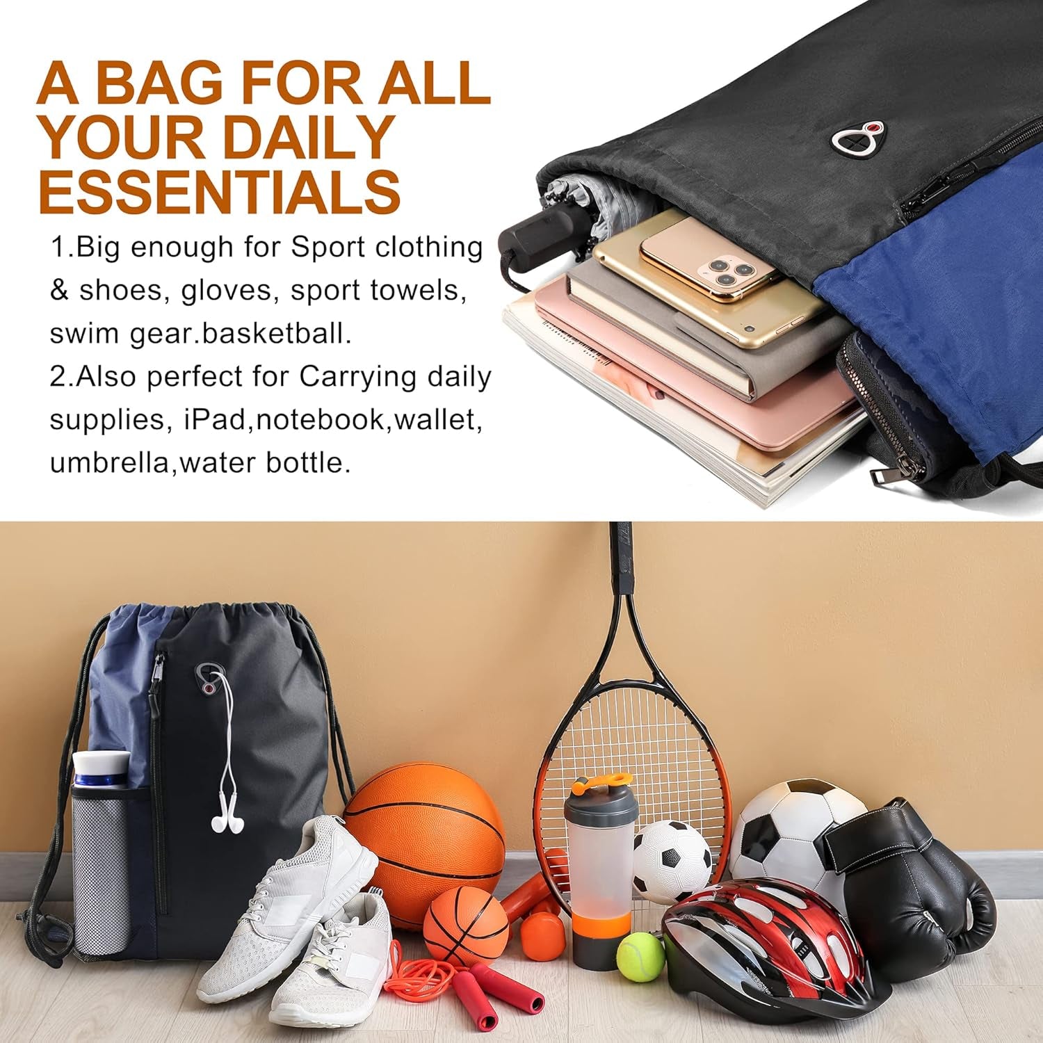 Drawstring Backpack Sports Gym Bag for Women Men Large Cinch Sackpack with 2 Zipper Pockets and Water Bottle Mesh Pockets Black Navy